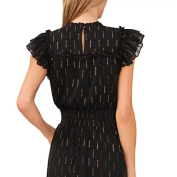 CeCe Women's Metallic Print Ruffled Smocked Waist Midi Dress XL Black w/Gold - Picture 6 of 8